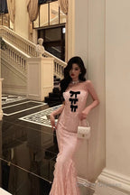 Classy Mermaid Strapless Lace Pink Prom Dresses Birthday Outfits Evening Gown