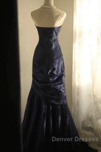 Classy Mermaid Strapless Navy Blue Organza Long Evening Gowns Prom Dress