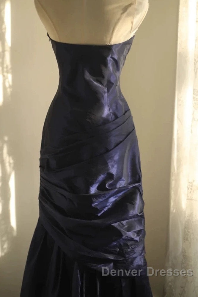 Classy Mermaid Strapless Navy Blue Organza Long Evening Gowns Prom Dress
