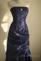 Classy Mermaid Strapless Navy Blue Organza Long Evening Gowns Prom Dress