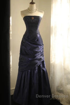 Classy Mermaid Strapless Navy Blue Organza Long Evening Gowns Prom Dress
