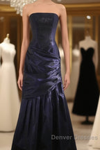 Classy Mermaid Strapless Navy Blue Organza Long Evening Gowns Prom Dress