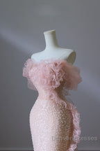 Classy Mermaid Strapless Pink Sequin Long Evening Dress Prom Dress