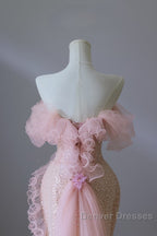 Classy Mermaid Strapless Pink Sequin Long Evening Dress Prom Dress