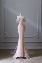 Classy Mermaid Strapless Pink Sequin Long Evening Dress Prom Dress