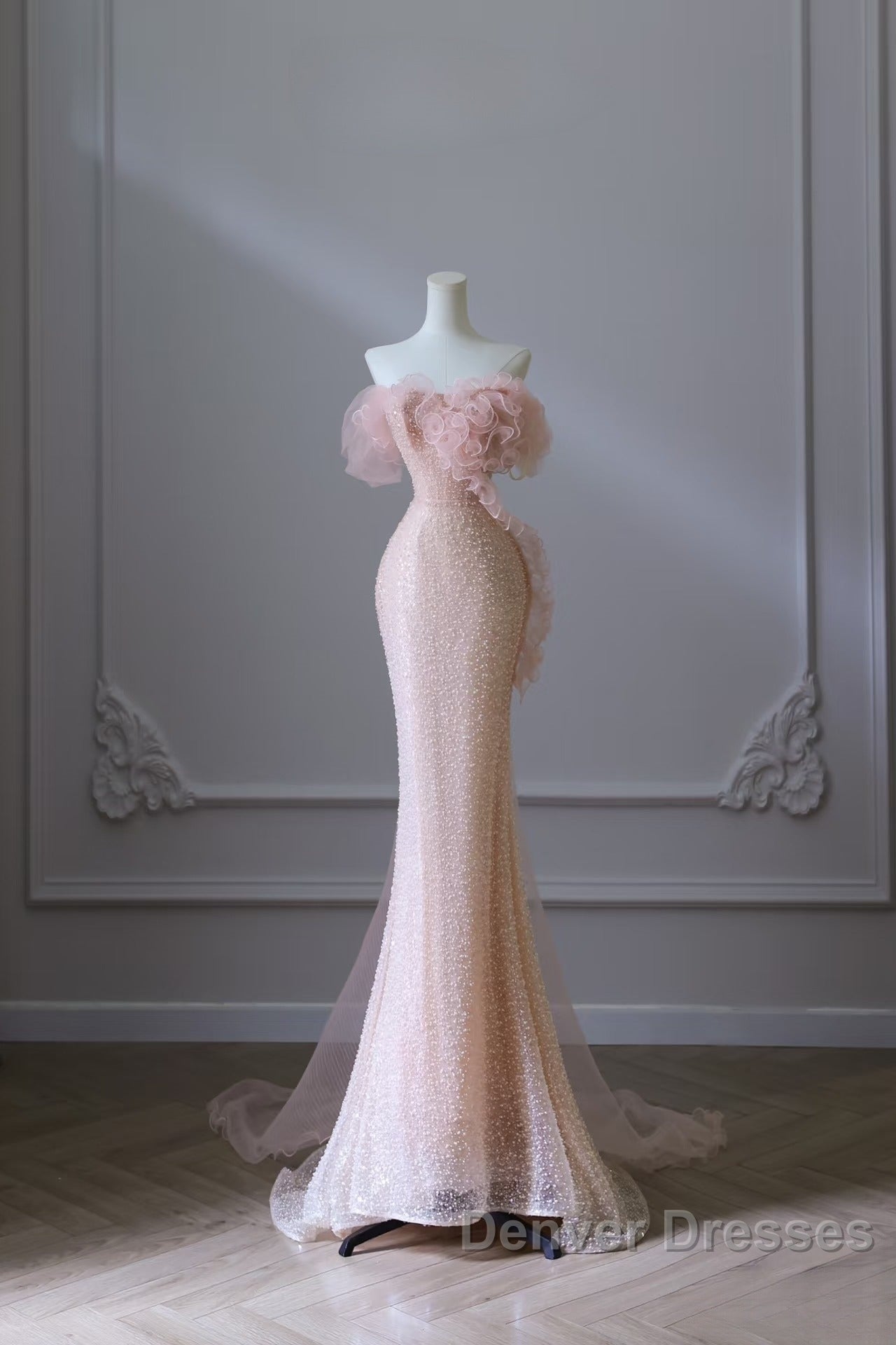 Classy Mermaid Strapless Pink Sequin Long Evening Dress Prom Dress