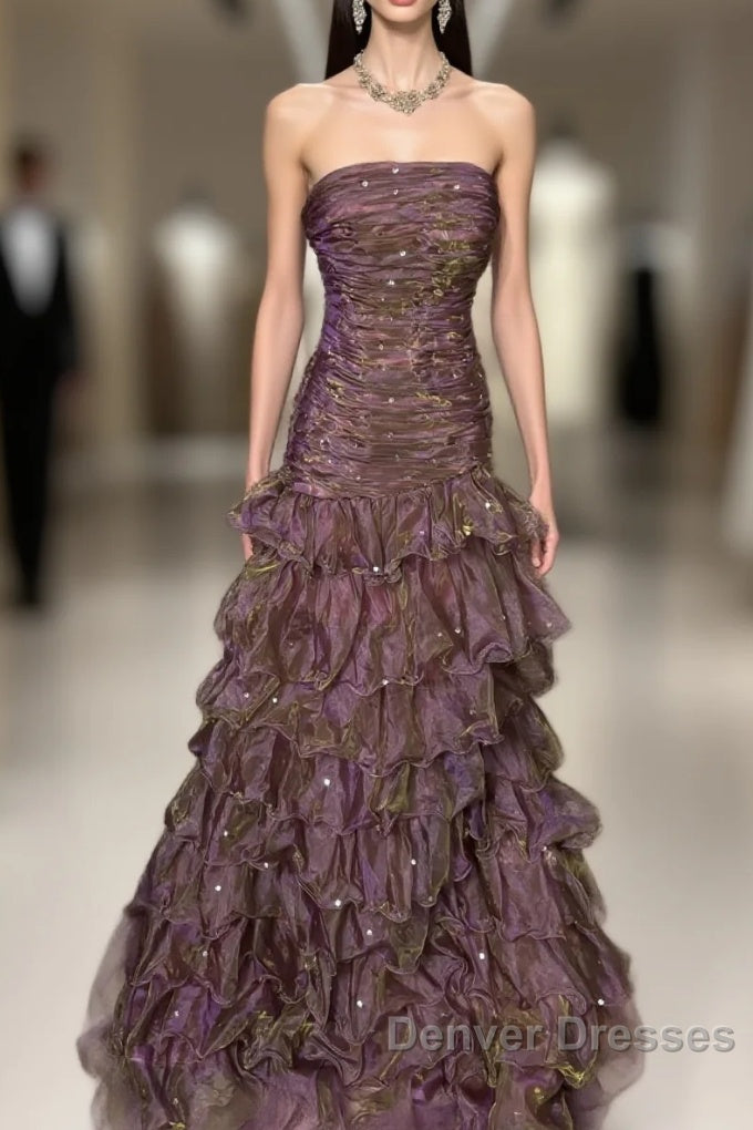 Classy Mermaid Strapless Ruffles Long Evening Dress Prom Dress Main image