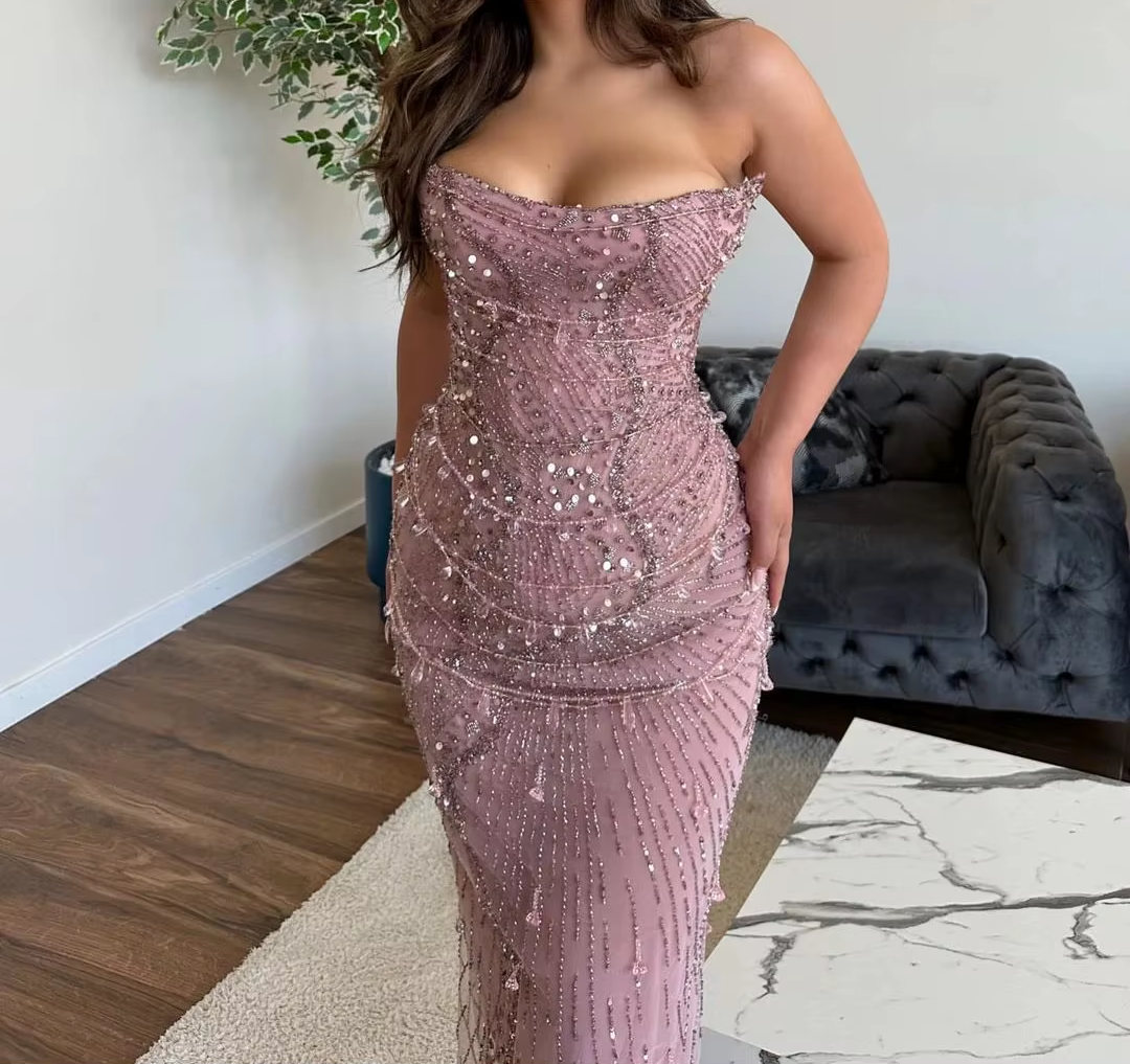 Classy Mermaid Strapless Tulle Pink Long Evening Dress Prom Dress With Beads Secondary image