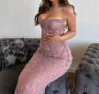 Classy Mermaid Strapless Tulle Pink Long Evening Dress Prom Dress With Beads
