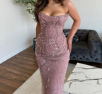 Classy Mermaid Strapless Tulle Pink Long Evening Dress Prom Dress With Beads