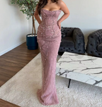 Classy Mermaid Strapless Tulle Pink Long Evening Dress Prom Dress With Beads