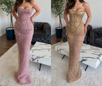 Classy Mermaid Strapless Tulle Pink Long Evening Dress Prom Dress With Beads