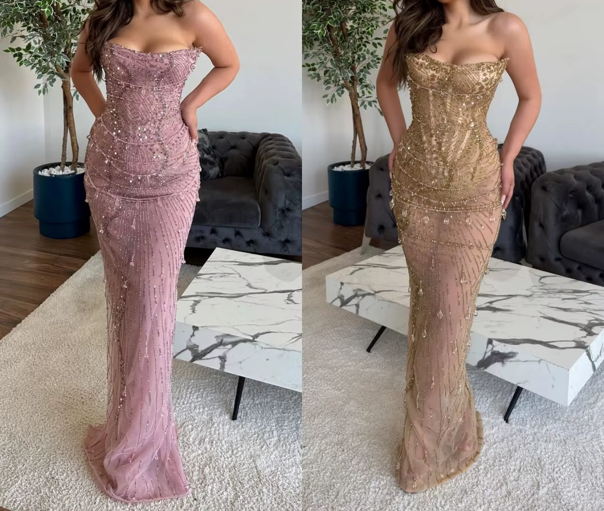 Classy Mermaid Strapless Tulle Pink Long Evening Dress Prom Dress With Beads