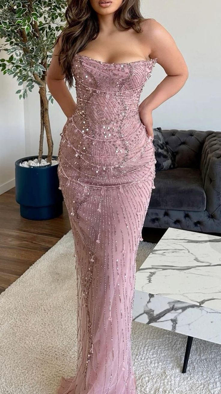 Classy Mermaid Strapless Tulle Pink Long Evening Dress Prom Dress With Beads