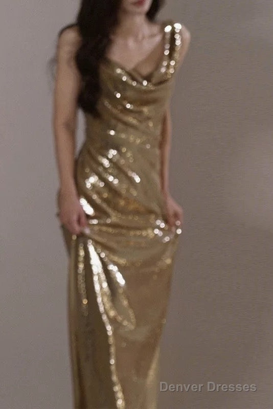 Classy Mermaid Straps Gold Sequin Long Evening Gowns Prom Dress Main image