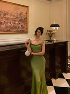 Classy Mermaid Straps Green Satin Prom Dress Birthday Outfits