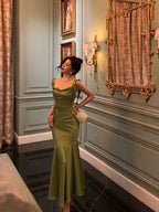 Classy Mermaid Straps Green Satin Prom Dress Birthday Outfits