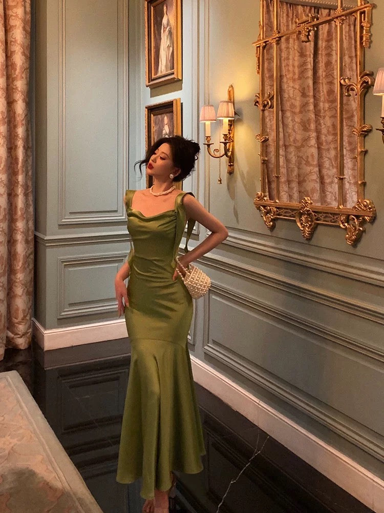 Classy Mermaid Straps Green Satin Prom Dress Birthday Outfits