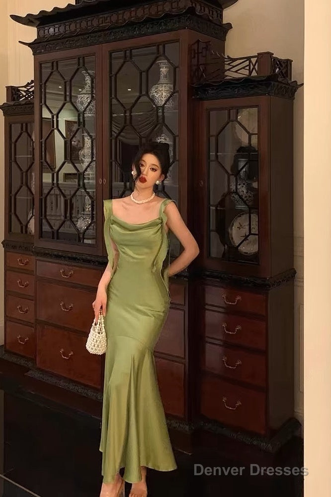 Classy Mermaid Straps Green Satin Prom Dresses Birthday Outfits