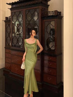 Classy Mermaid Straps Green Satin Prom Dress Birthday Outfits