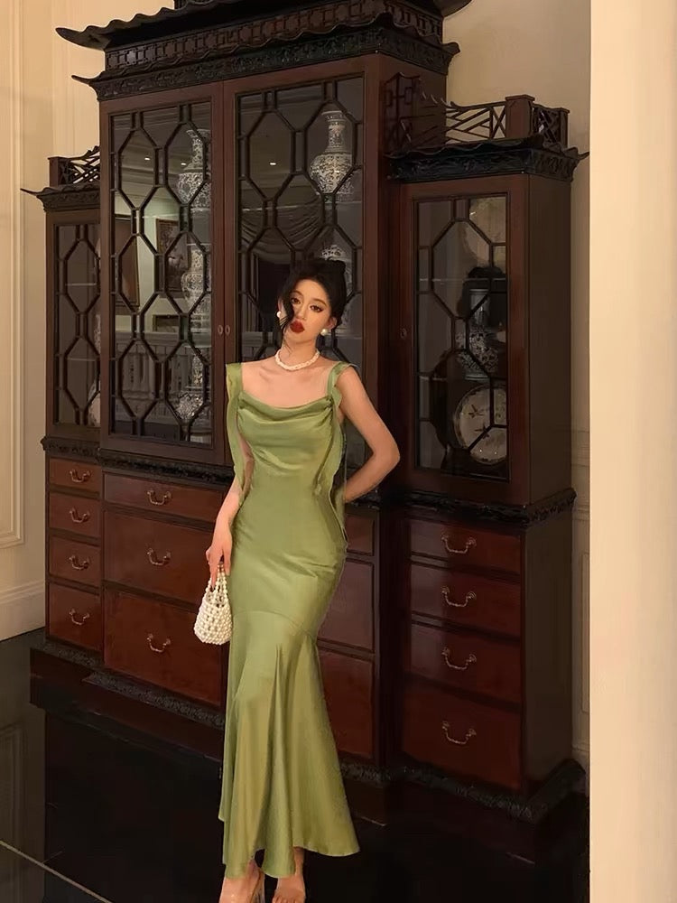 Classy Mermaid Straps Green Satin Prom Dress Birthday Outfits