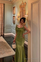 Classy Mermaid Straps Green Satin Prom Dresses Birthday Outfits