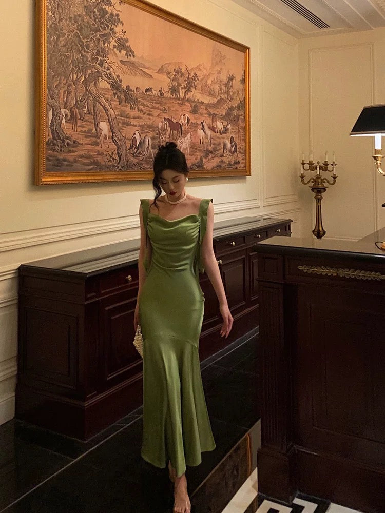 Classy Mermaid Straps Green Satin Prom Dress Birthday Outfits Main image