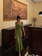 Classy Mermaid Straps Green Satin Prom Dress Birthday Outfits