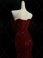 Classy Mermaid Sweetheart Red Slit Sequin Long Evening Gowns Prom Dress