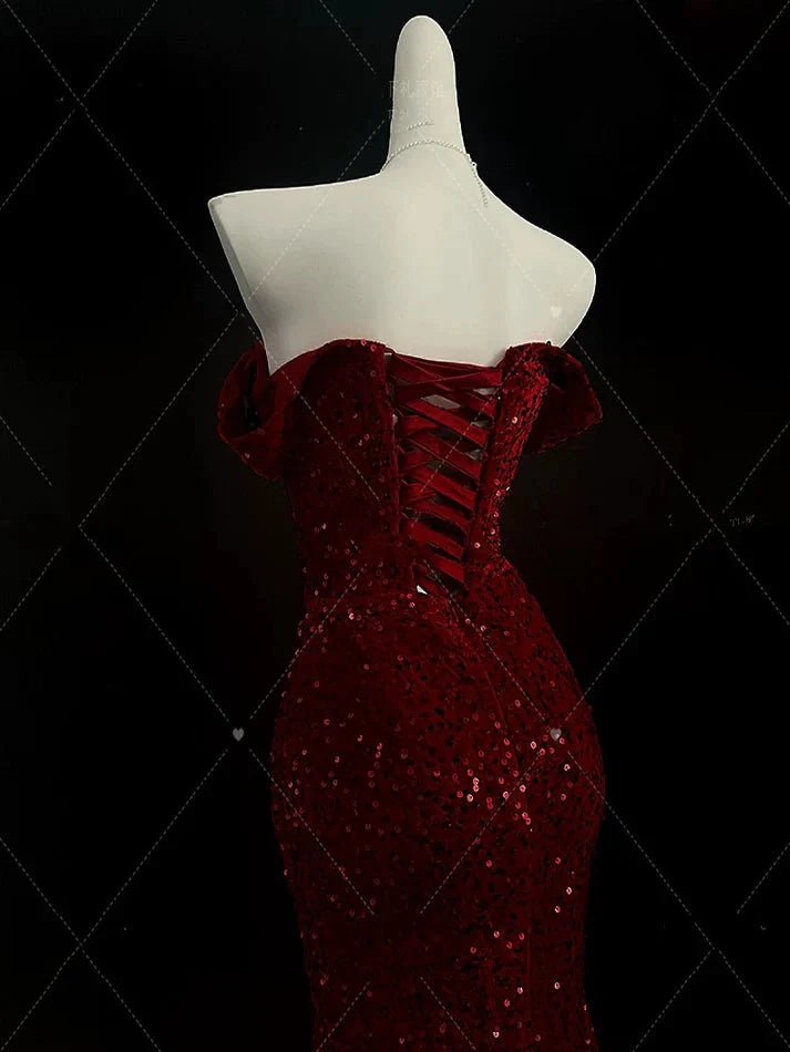 Classy Mermaid Sweetheart Red Slit Sequin Long Evening Gowns Prom Dress
