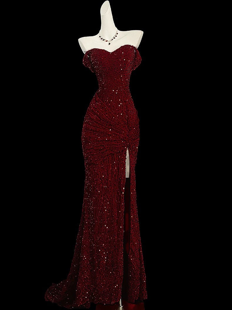 Classy Mermaid Sweetheart Red Slit Sequin Long Evening Gowns Prom Dress Main image