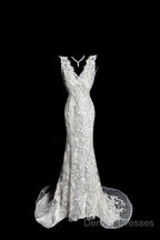 Classy Mermaid V Neckline Lace Ivory Long Wedding Dress Bridal Dress