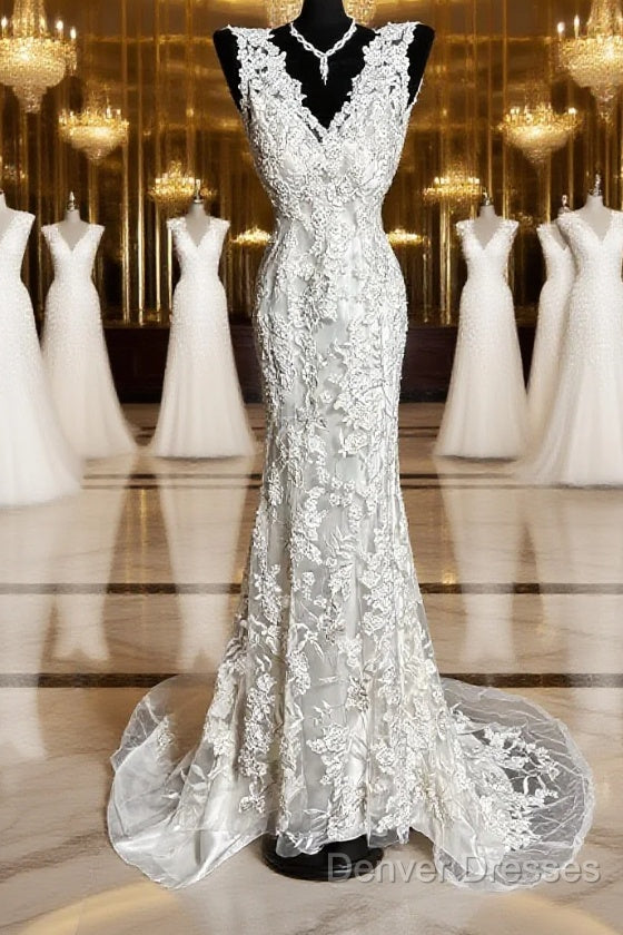Classy Mermaid V Neckline Lace Ivory Long Wedding Dress Bridal Dress Main image