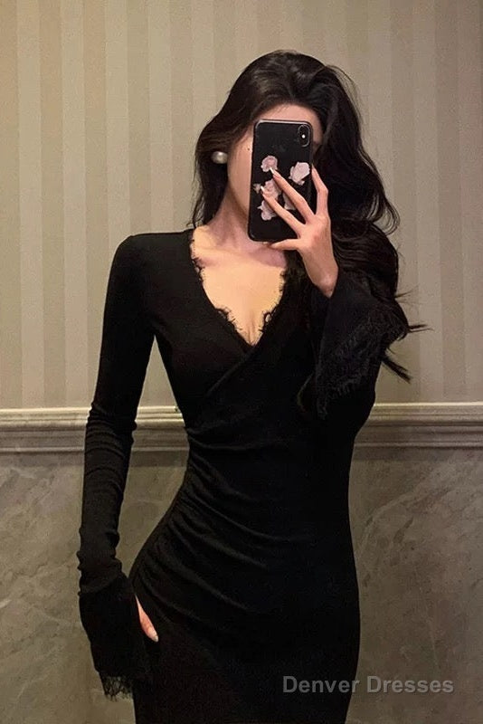 Classy Mermaid V Neckline Long Sleeves Black Prom Dresses Birthday Outfits
