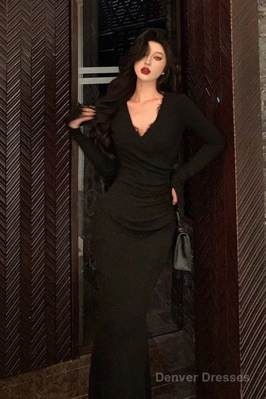 Classy Mermaid V Neckline Long Sleeves Black Prom Dresses Birthday Outfits