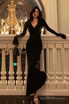 Classy Mermaid V Neckline Long Sleeves Black Prom Dresses Birthday Outfits