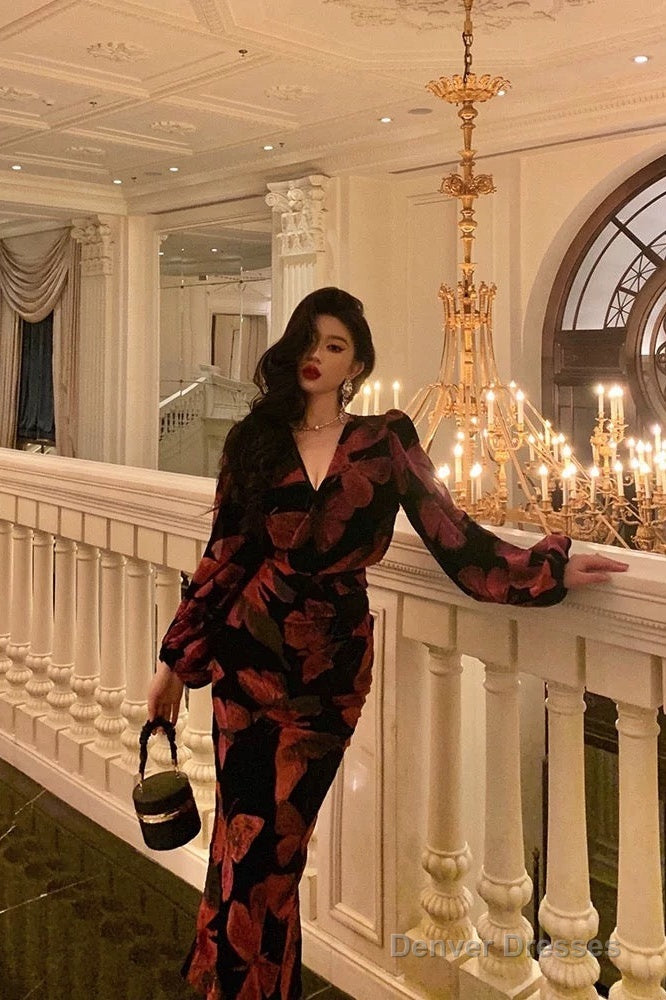 Classy Mermaid V Neckline Long Sleeves Black Velvet Pink Butterfly Prom Dresses Birthday Outfits