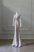 Classy Mermaid V Neckline Long Sleeves Sequin Ruffles Long Evening Dress Prom Dress