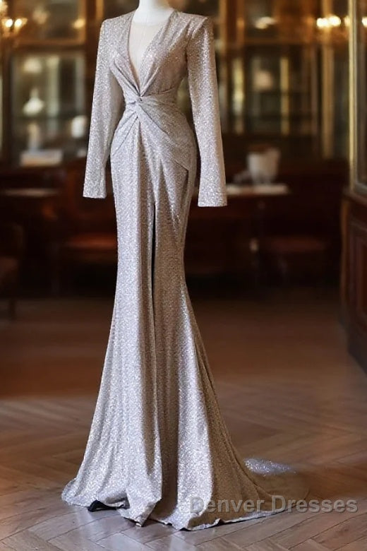 Classy Mermaid V Neckline Long Sleeves Sequin Ruffles Long Evening Dress Prom Dress Main image