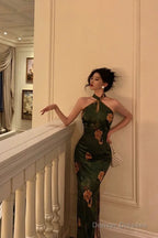 Classy Sheath Halter Green Slit Prom Dresses Birthday Outfits Evening Gown