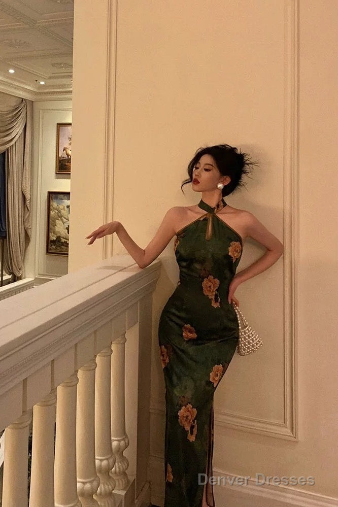 Classy Sheath Halter Green Slit Prom Dresses Birthday Outfits Evening Gown