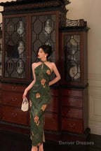 Classy Sheath Halter Green Slit Prom Dresses Birthday Outfits Evening Gown