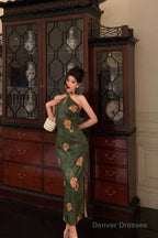 Classy Sheath Halter Green Slit Prom Dresses Birthday Outfits Evening Gown
