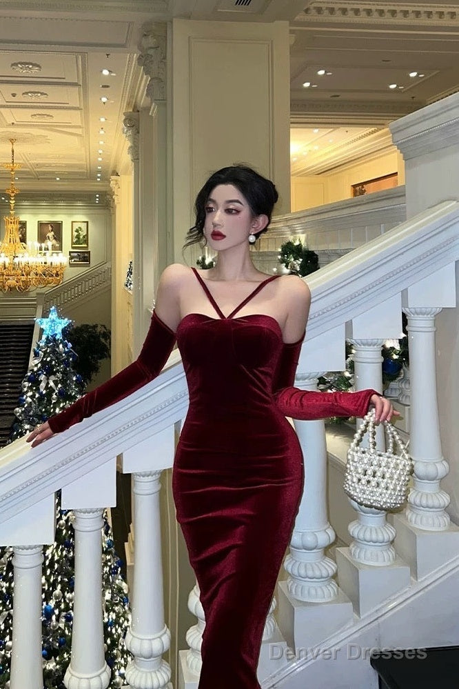 Classy Sheath Halter Neckline Burgundy Velvet Prom Dresses Birthday Outfits Evening Gown Secondary image