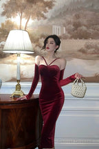 Classy Sheath Halter Neckline Burgundy Velvet Prom Dresses Birthday Outfits Evening Gown