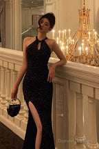 Classy Sheath Halter Sleeveless Black Sequin Prom Dresses Birthday Outfits