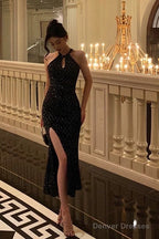 Classy Sheath Halter Sleeveless Black Sequin Prom Dresses Birthday Outfits
