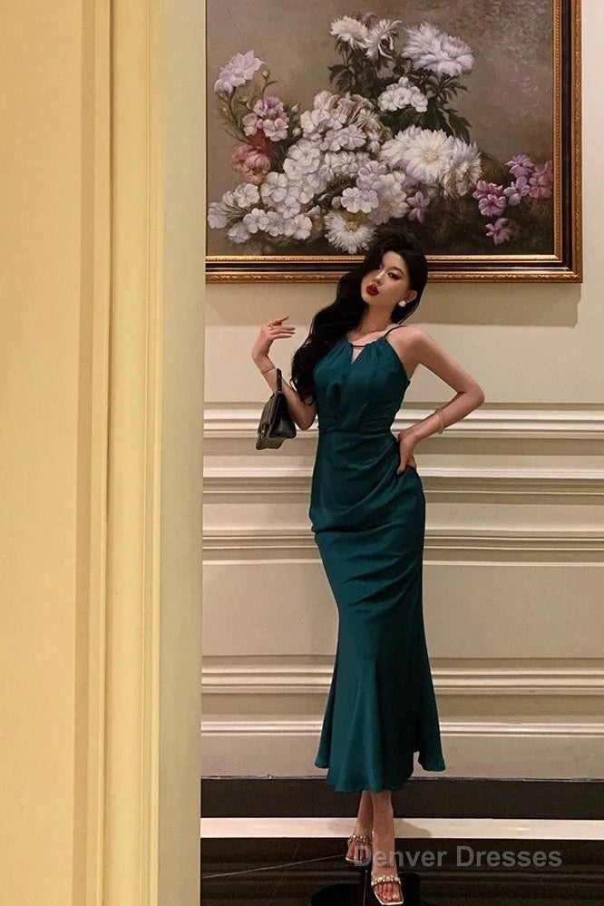 Classy Sheath Halter Sleeveless Green Silk Satin Prom Dresses Birthday Outfits Secondary image