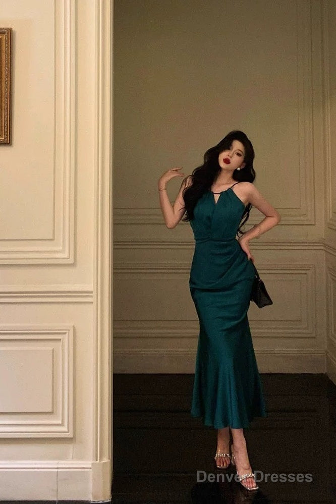 Classy Sheath Halter Sleeveless Green Silk Satin Prom Dresses Birthday Outfits