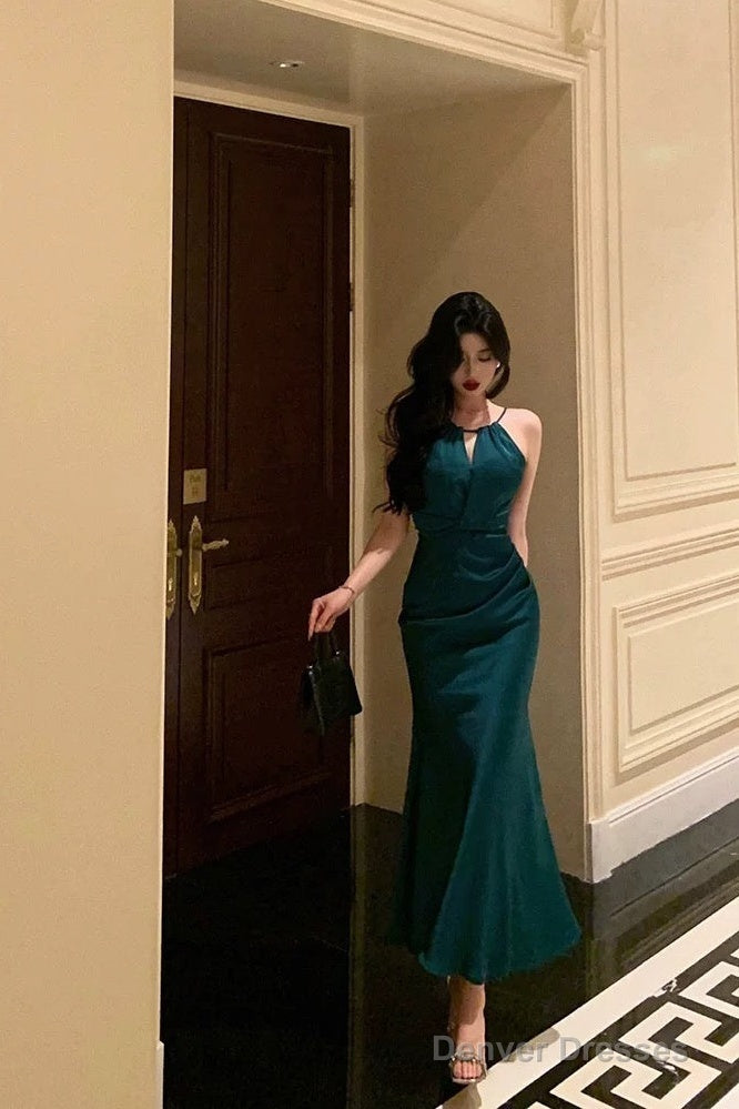 Classy Sheath Halter Sleeveless Green Silk Satin Prom Dresses Birthday Outfits Main image